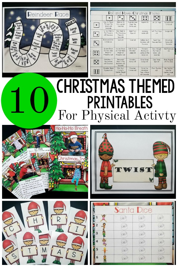 Christmas themed printables. Ten different Christmas themed printables that promote physical activity. The printables are great for brain breaks, kinesthetic learning, gross motor stations and more! Use for preschool gross motor, therapy sessions, or at home! 