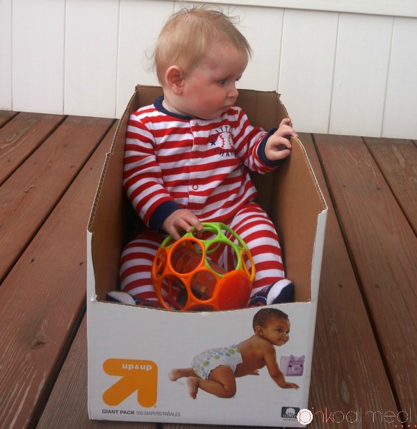 Using a diaper box for your wobbly sitter for short periods of time! 