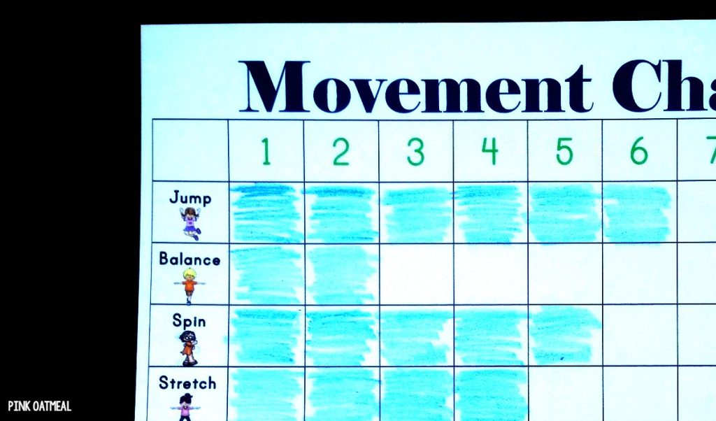 Fun movement ideas with a movement chart! I love how this can be used for tracking and incorporated into school math, centers, or brain breaks!