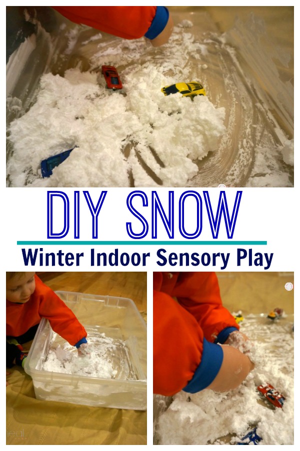 DIY Snow that is perfect for indoor sensory play.  I love how the DIY snow even feels cold when made.  Super fun sensory play experience!