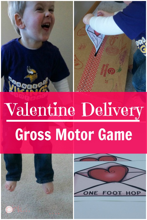 Valentine's Day Game for gross motor. A great Valentine's Day idea for the kids! Valentine Delivery Game will be sure to engage the kids in movement!- Pink Oatmeal