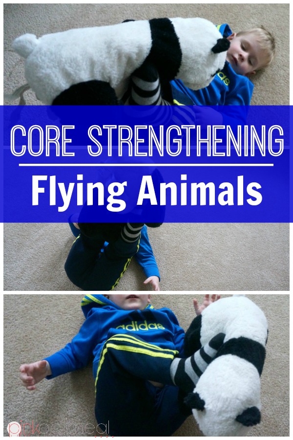 Core strengthening for kids game flying animals is so much fun.  It makes core strengthening for kids easy and through play!  A great kids activity! Great for gross motor skills!