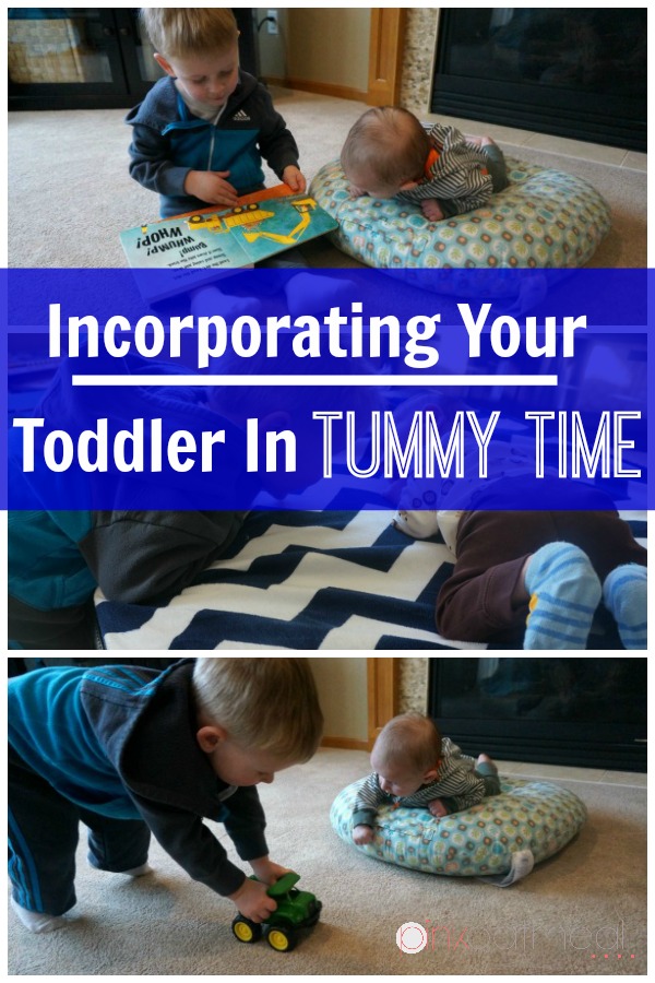 Incorporating Your Toddler In Tummy Time.  This is a great tip for tummy time.  I have trouble coming up with activities for a toddler when my baby is doing tummy time! - Pink Oatmeal