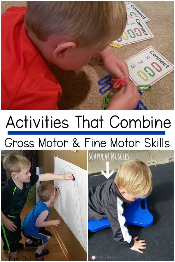 Activity Ideas that combine gross motor and fine motor skills. Everyday activities that can work on these two skills at the same time. 