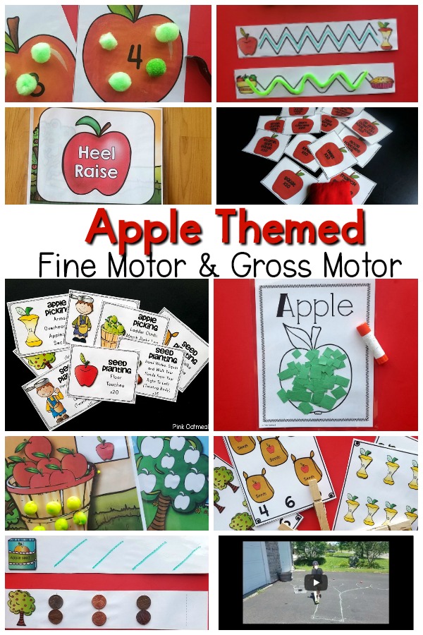 Apple themed fine motor and gross motor planning ideas. Fun activities that incorporate an apple theme into fine motor skills and gross motor skills. These are great for preschool fine motor, preschool gross motor, kindergarten, and therapies. Use these at home! 