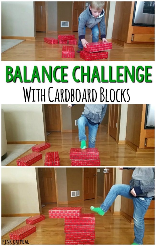 Balance activity that is so much fun! Use cardboard blocks to play these balance games that any kid or adult will love. This gross motor game can easily be adapted to increase or decrease the challenge! #balance #grossmotor