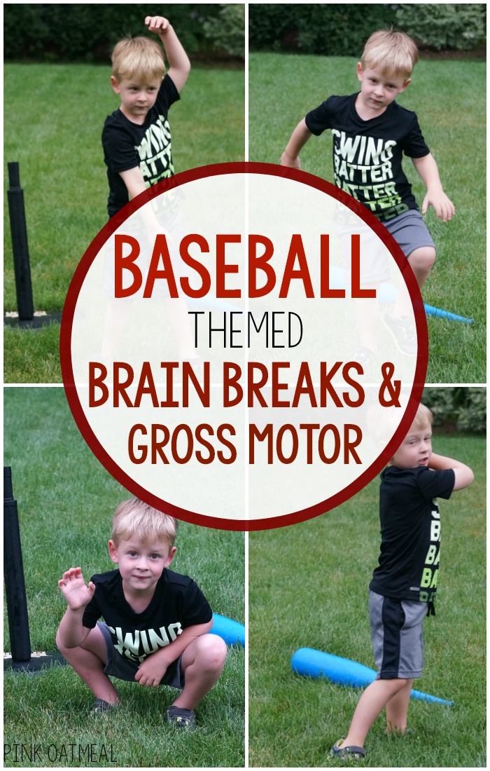 Baseball themed activities! This one is the best for baseball themed games, gross motor, or a brain break. Use these baseball themed brain breaks in the classroom, for preschool gross motor, PT, OT, SLP or at home. The kids LOVE the baseball theme. Such great ideas for World Series gross motor and World Series games too! 