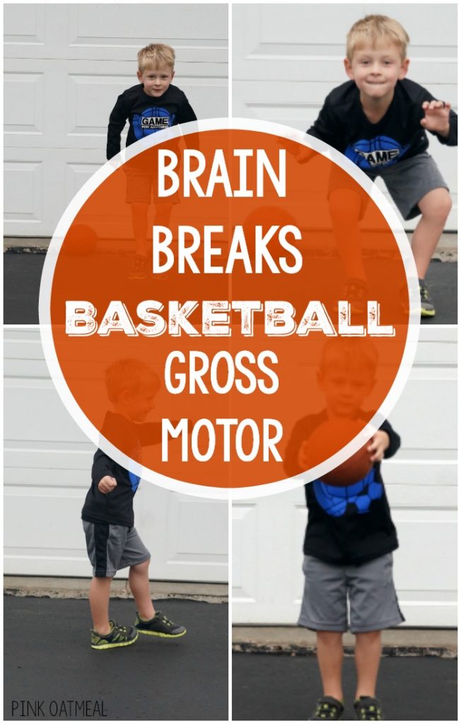 Basketball themed activities! These gross motor and brain break ideas are so fun for the basketball lover, NCAA time, NBA playoffs, cheering on your favorite team and more! Use them as a brain break in the classroom, for preschool gross motor activities, OT, PT, SLP, and at home!