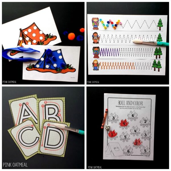 Camping Themed Gross Motor and Fine Motor Activities Pink Oatmeal