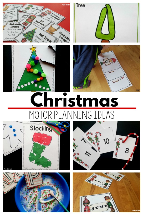 Christmas motor planning ideas. Fine motor and gross motor activities with a Christmas theme are perfect for the month of December. Use these Christmas activity ideas for the classroom, home or therapy (OT, PT, or SLP). A great option for the entire month of December. 