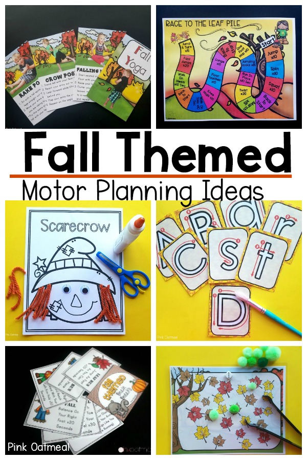 Fall themed motor planning ideas. Gross motor and fine motor activities with a fall theme. These activities are perfect for home, the classroom, and occupational or physical therapy. A fun way to incorporate appropriate motor planning and gross motor for kids! 