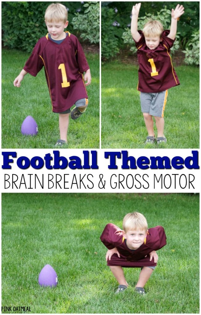 Football activities! These football movement and physical activity ideas are perfect for a classroom, preschool gross motor, physical education, PT, OT, or SLP. The football theme makes it fun for fall or autumn gross motor and brain break ideas! They also are a great addition to the Super Bowl. The kids love them year round!