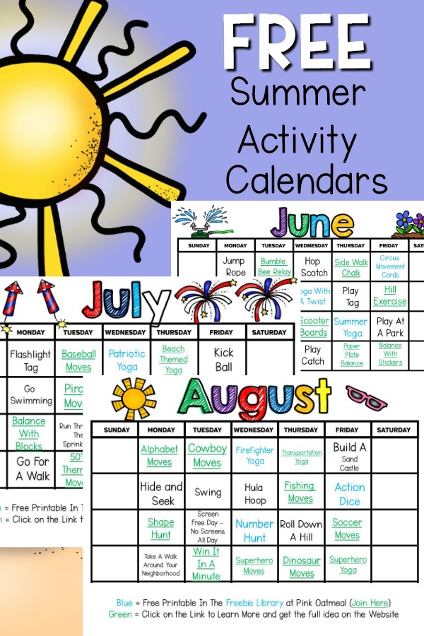 Summer Gross Motor Planning - Printable Summer Activity Calendars - Pink Oatmeal
