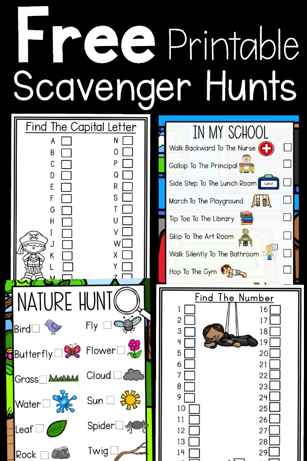 Free printable scavenger hunts. These printables are a great way to get kids moving and learning at the same time. Alphabet, Number, Nature, and School Scavenger Hunts! 