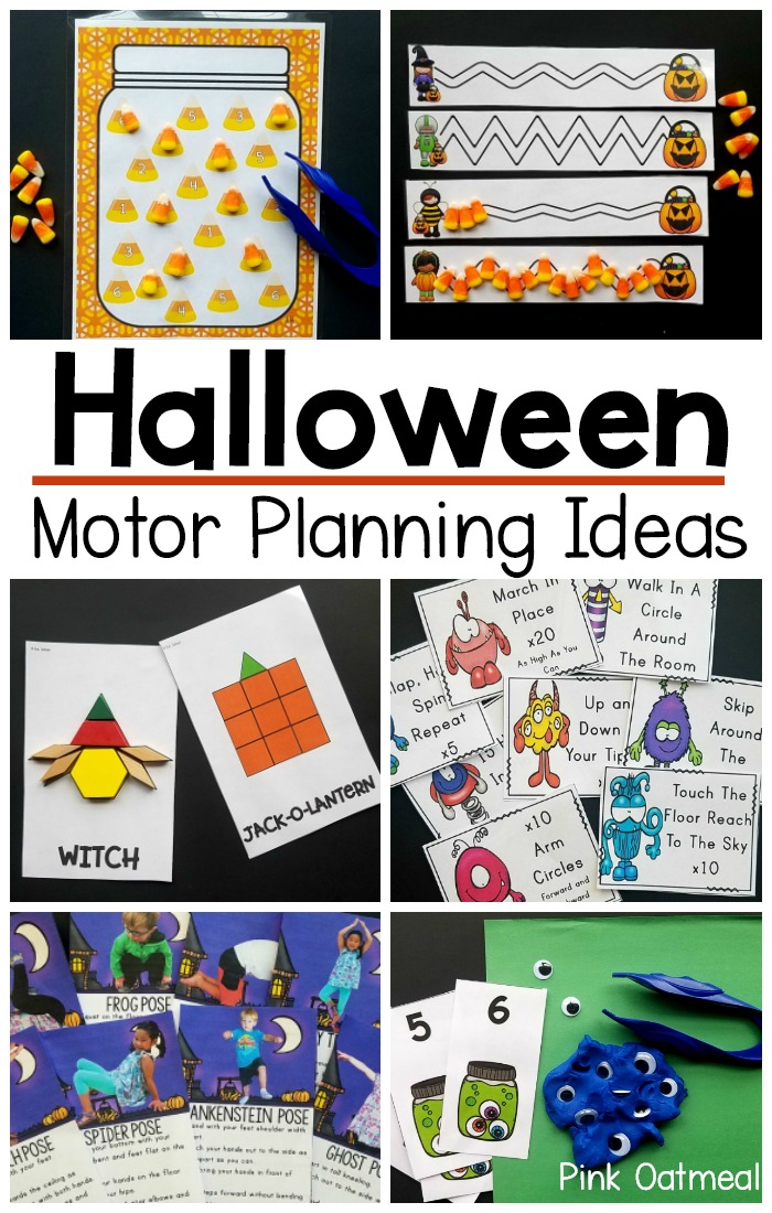 Halloween motor planning activties. Ideas for activities that work on fine motor skills and gross motor skills with a Halloween theme. These activities are great for pre-k and kindergarten aged students. Use these fun ideas in the classroom, home or in therapy sessions. 