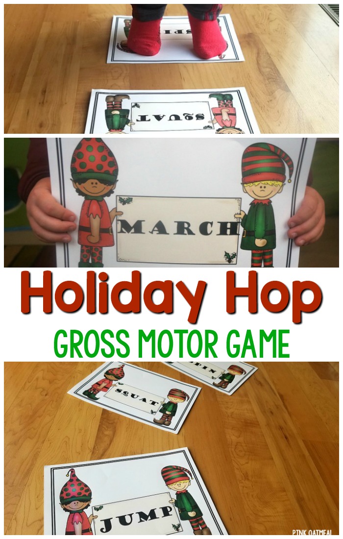 Christmas Gross Motor Game! The holiday hop is the perfect way to get the kids moving during the holiday season. The holiday hop is perfect for preschool gross motor, brain breaks, or physical education. The game is so fun for physical therapy, occupational therapy or speech therapy. #christmasgrossmotor #holidaygrossmotor 