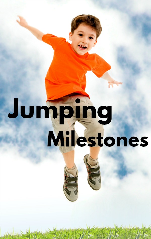 Gross motor milestones for jumping. A progression of how kids learn to jump and what ages each jumping skill takes place. A good reference for a physical therapist, occupational therapist, teacher, and parent.