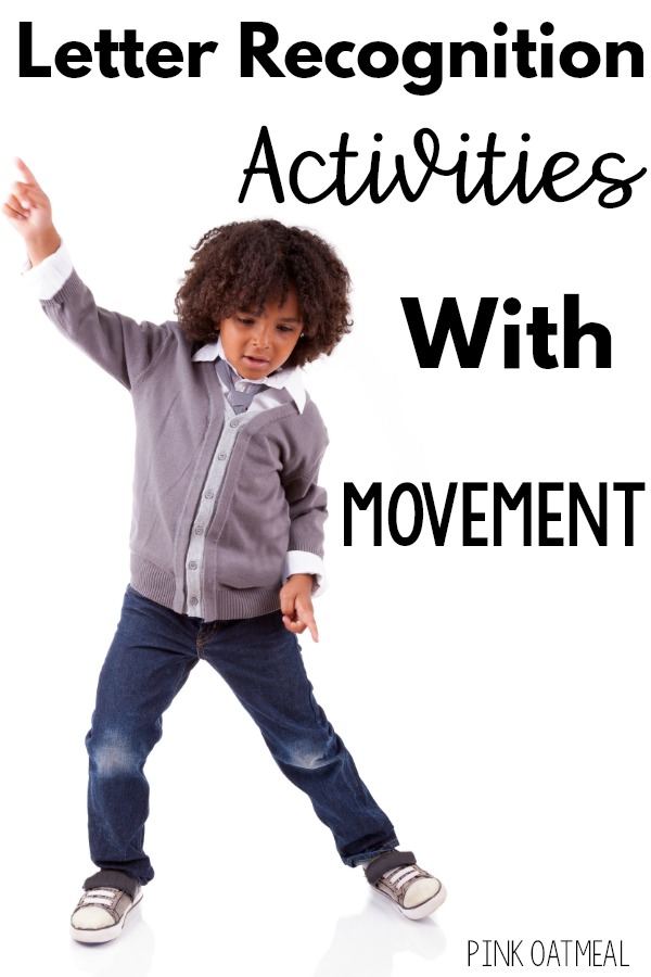 Letter recognition activities that incorporate movement.  A great list of activities for preschool and kindergarten aged kiddos that work on letter recognition and identification. All the actiities are movement based making it easy to add movement to instructional time.  