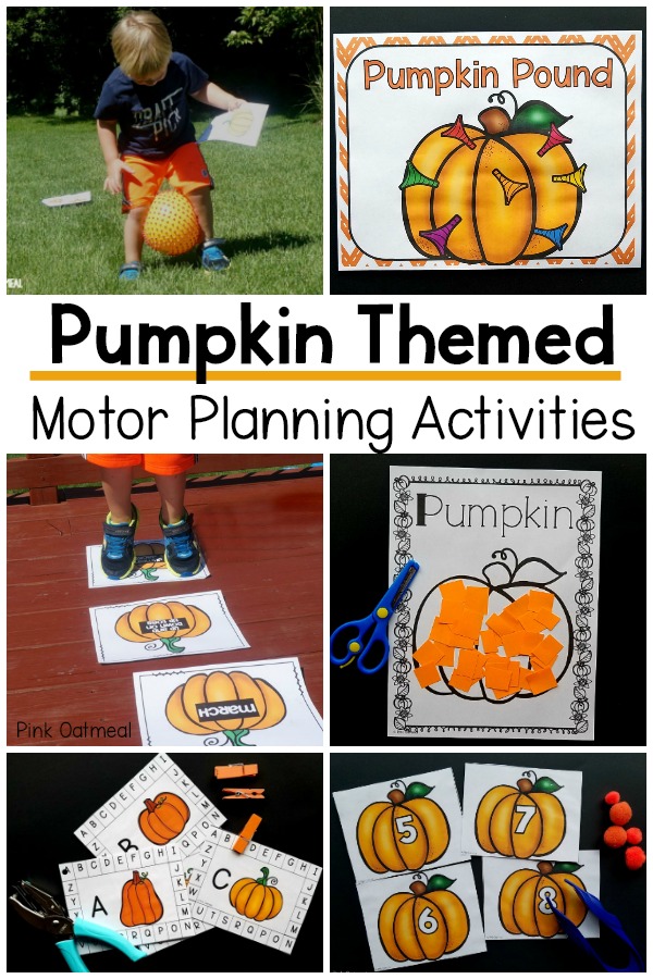 Pumpkin themed motor planning activities. Pumpkin themed fine motor and gross motor activities that are perfect for the classroom, therapy, or home. A great way to work on fine motor and gross motor skills in the fall! 