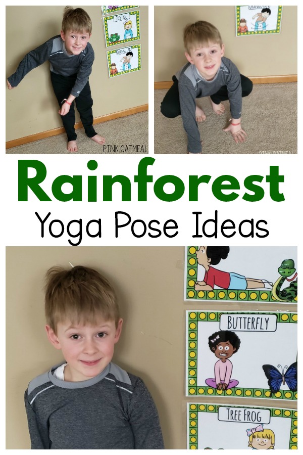 Rainforest themed yoga pose ideas. A great rainforest themed gross motor activity. Perfect for a brain break, therapy session or to use at home. 