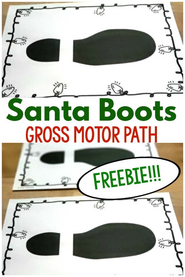 Holiday Gross Motor Game. The Santa boots gross motor path is the perfect gross motor game for the holiday season. This game is FREE for you. Perfect for preschool gross motor, elementary gross motor, physical therapy, and occupational therapy interventions!