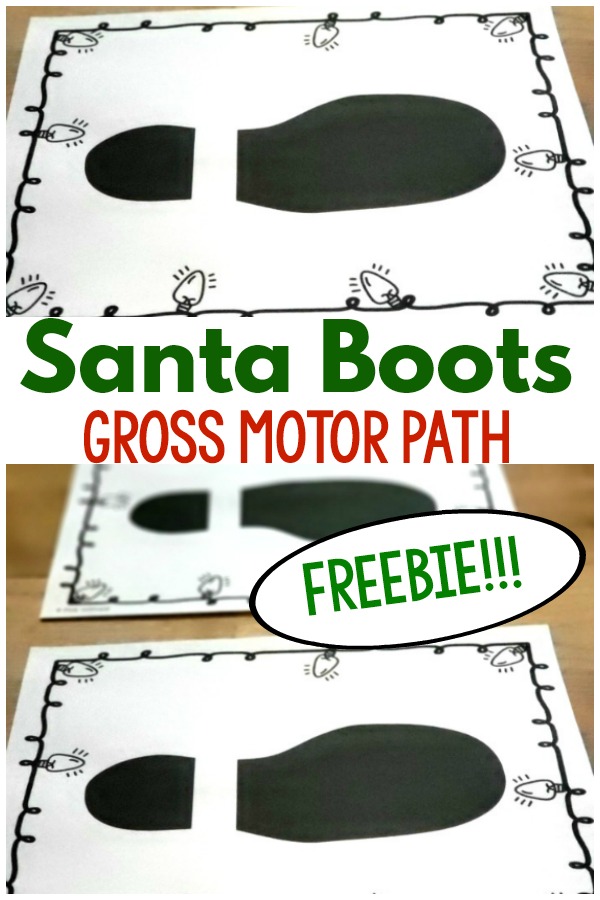 Holiday Gross Motor Game. The Santa boots gross motor path is the perfect gross motor game for the holiday season. This game is FREE for you. Perfect for preschool gross motor, elementary gross motor, physical therapy, and occupational therapy interventions! 