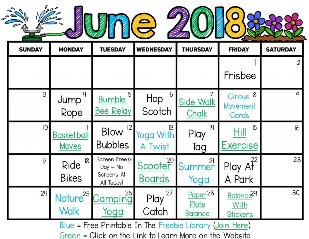 Summer Gross Motor Planning Printable Summer Activity Calendars