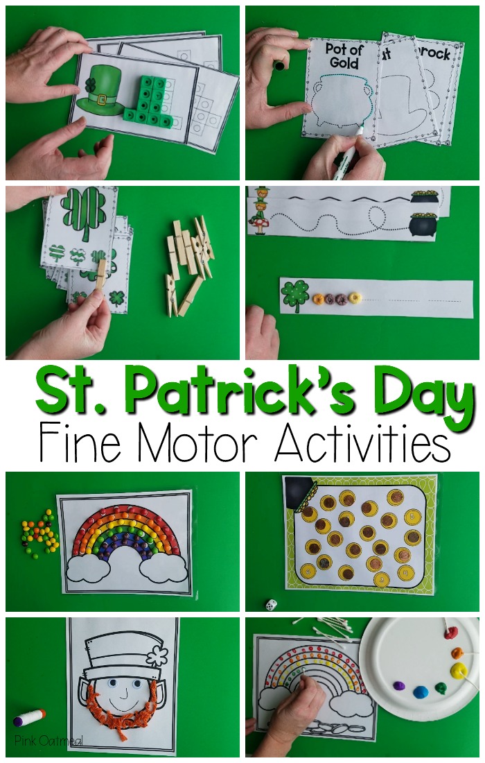 St. Patrick's Day fine motor activites. Fun St. Patrick's Day themed activities including cutting, tracing, manipulatives, clips, and more! Great for occupaitonal therapy, pre-k and kindergarten fine motor activities! 