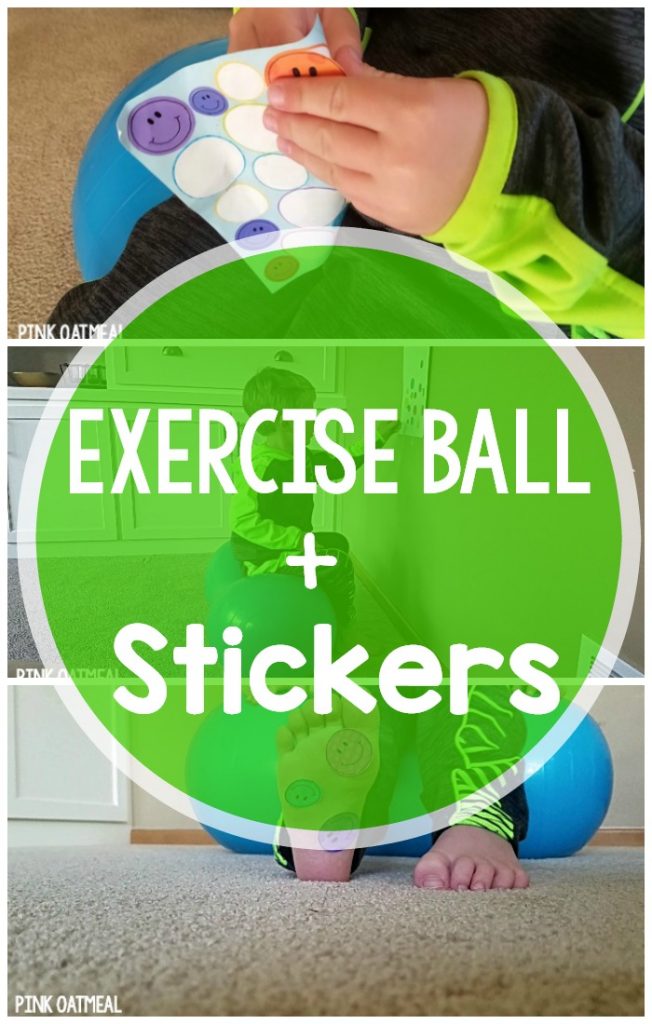 Stability ball activities that use stickers. What a fun way to combine gross motor and fine motor. Perfect for occupational therapy or physical therapy!