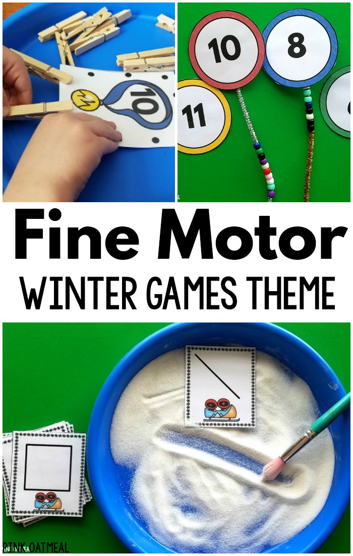 Winter games fine motor activities. These are a great way to work on fine motor skills with a winter theme! Perfect for preschool fine motor activities and kindergarten fine motor activities. Use these for occupational therapy fine motor activities. The kids will love the winter games theme! 