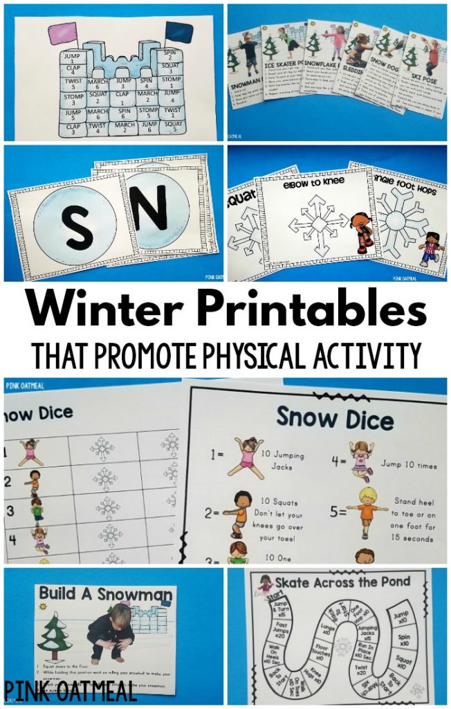 Winter printables that are designed for physical activity! These are the perfect winter activity for the classroom, home or therapy. They work great for preschool gross motor in the winter too! #printables #winter